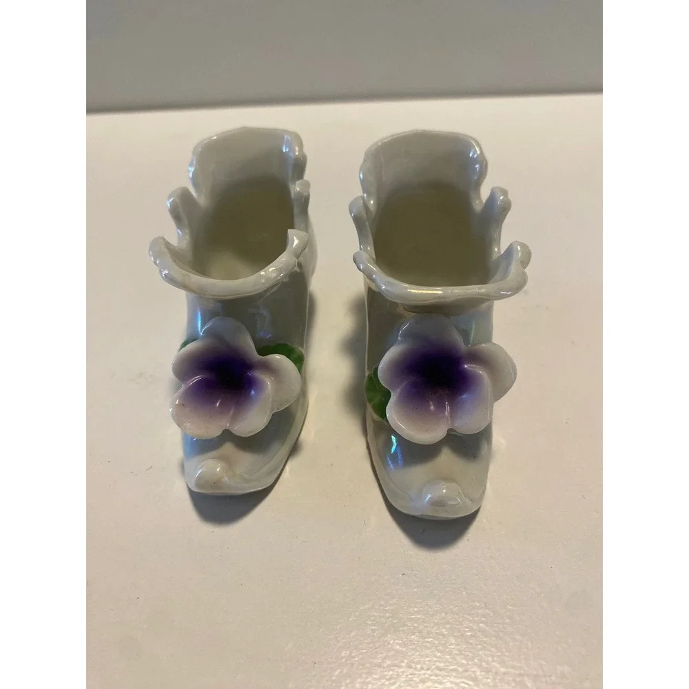 Ceramic Shoe Figurines with Violet Flowers,‎ Iridescent Glaze, Decorative Pair
